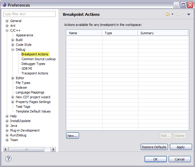 Breakpoint Actions preference dialog