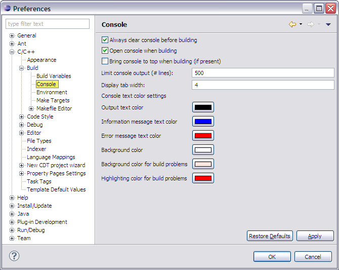 Console Preferences Panel