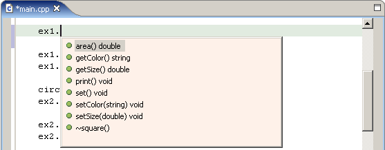 C++ example showing Code Assist popup