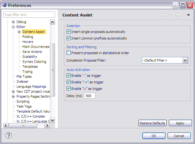 Content Assist Preferences