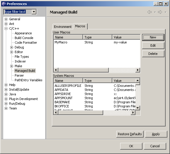 Managed Build Macros Preference page