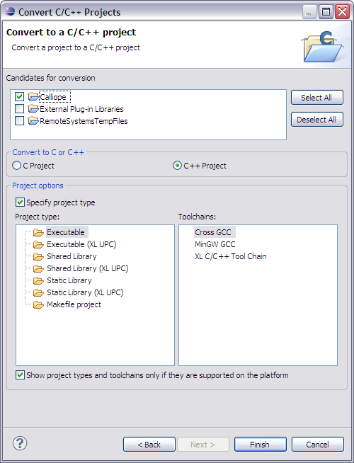 Convert C/C++ Project window