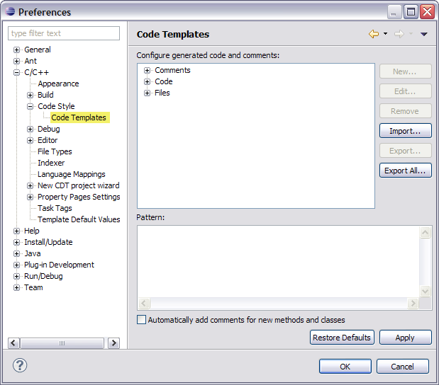 Code Templates Preferences Window