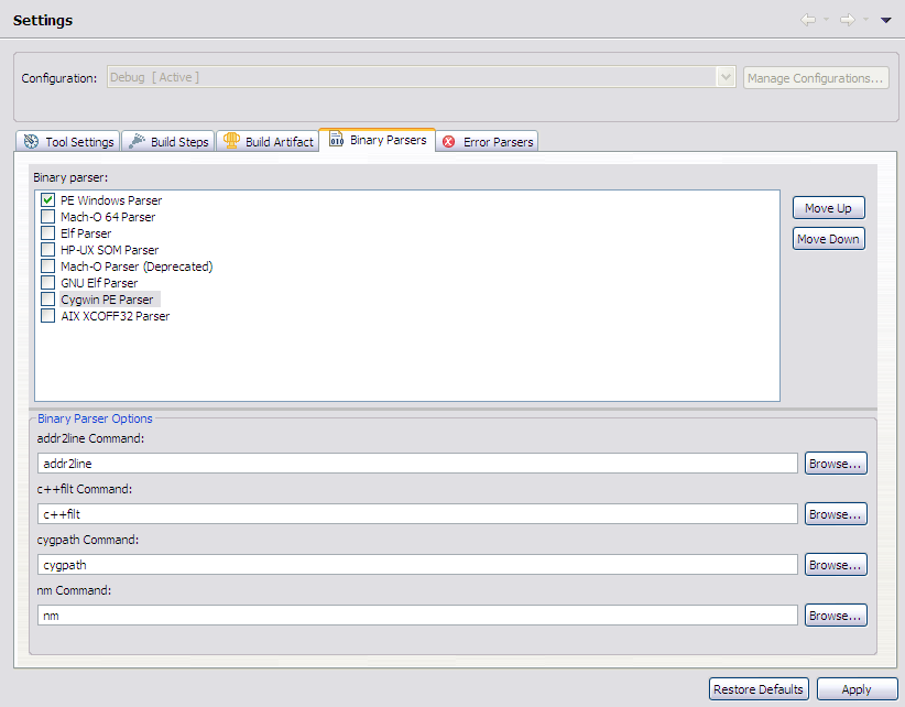 C/C++ Project Properties, Build, Settings, Binary Parser