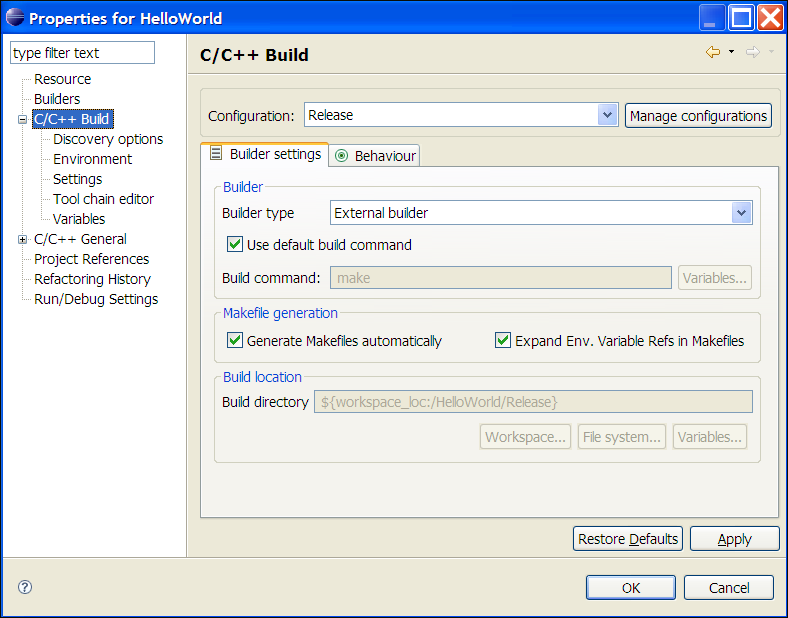 C/C++ Project Properties, C/C++ Build