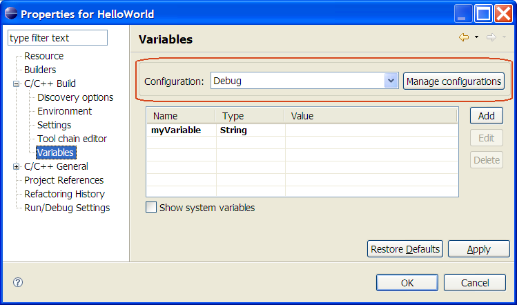 C/C++ Project Properties, Configurations management.