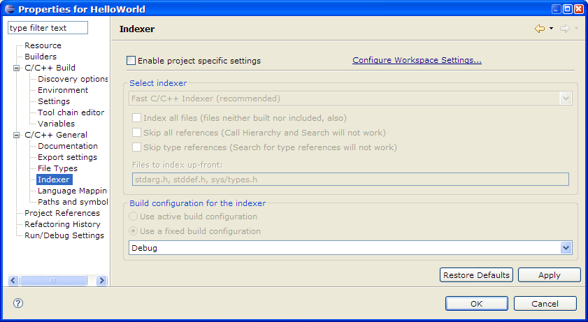 C/C++ Project Properties, C/C++ Indexer