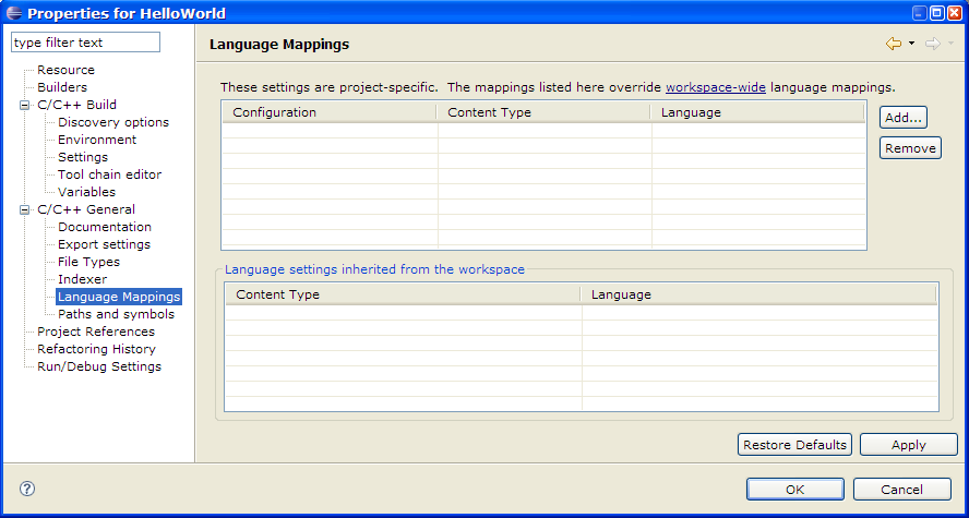 C/C++ Project Properties, Language mapping