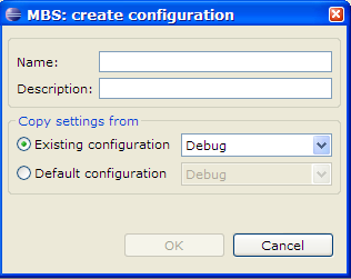 C/C++ Project Properties, New Configuration Dialog