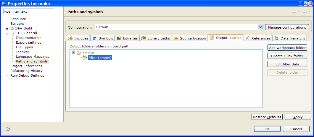 C/C++ Project Properties, Paths and Symbols, Output location