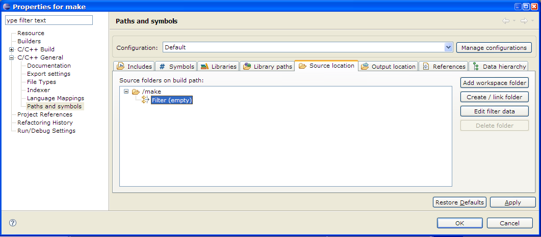 C/C++ Project Properties, Paths and Symbols, Source location