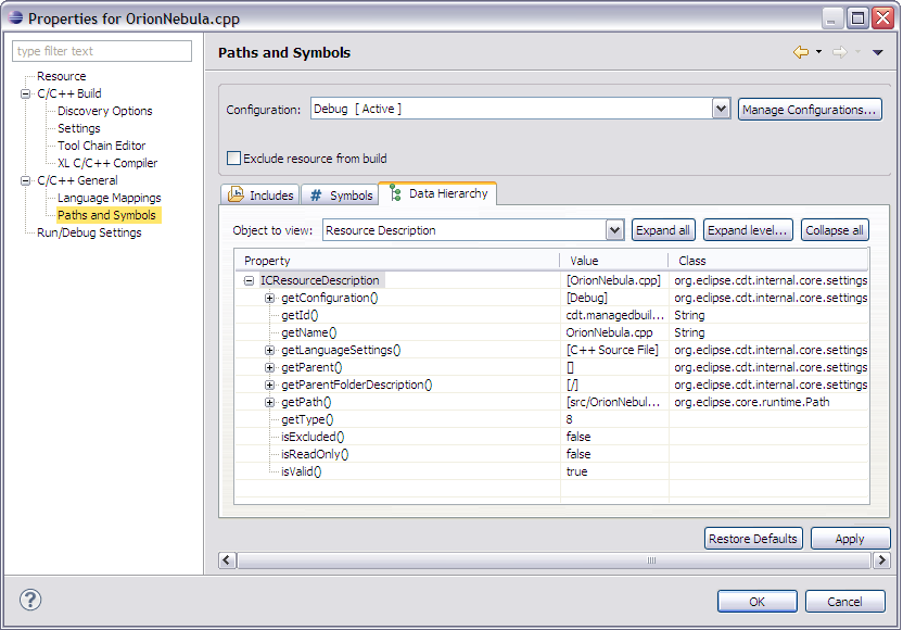 C/C++ Properties, Include Paths and Symbols, Data hierarchy