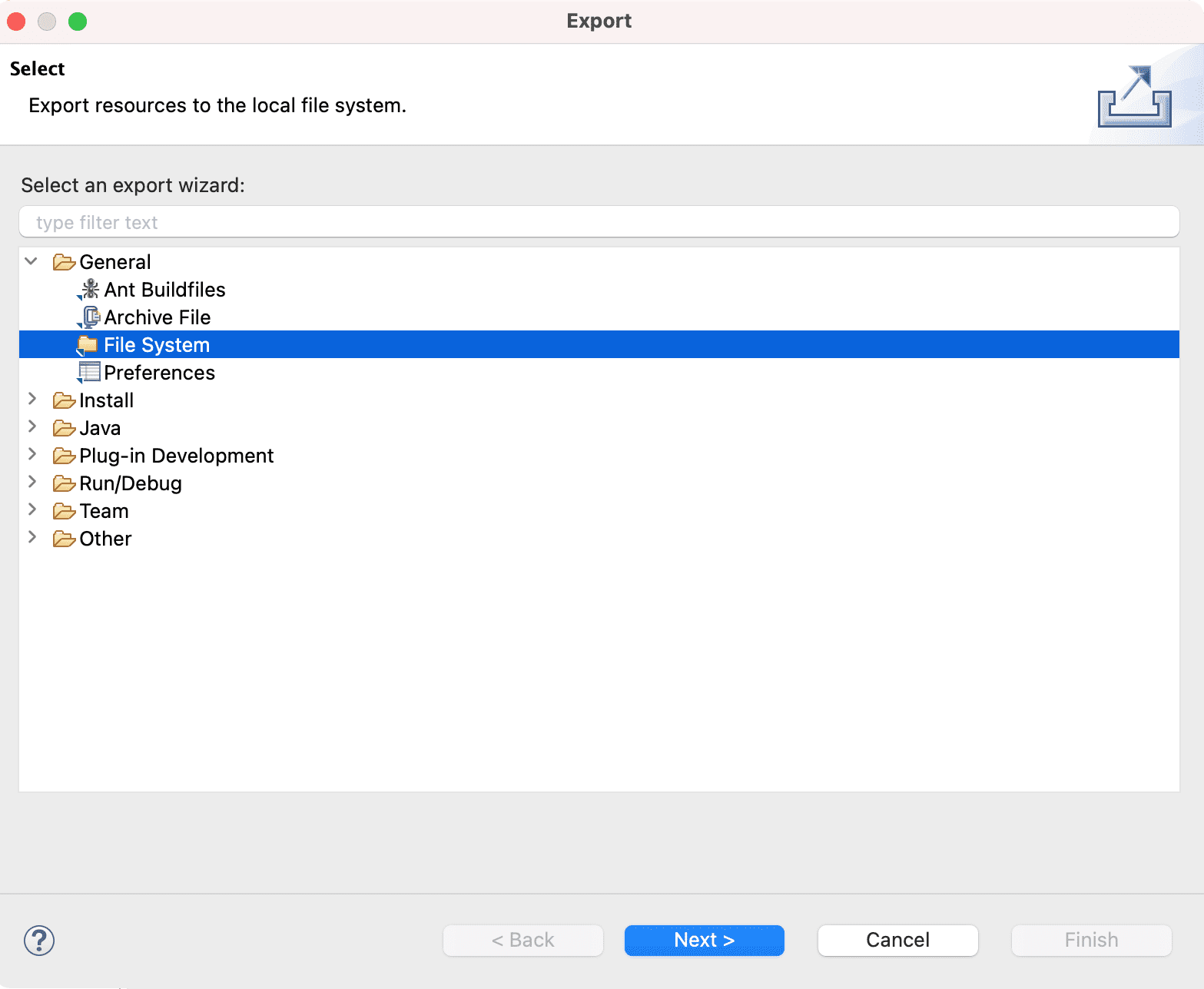 Export Wizard. Select an export destination.