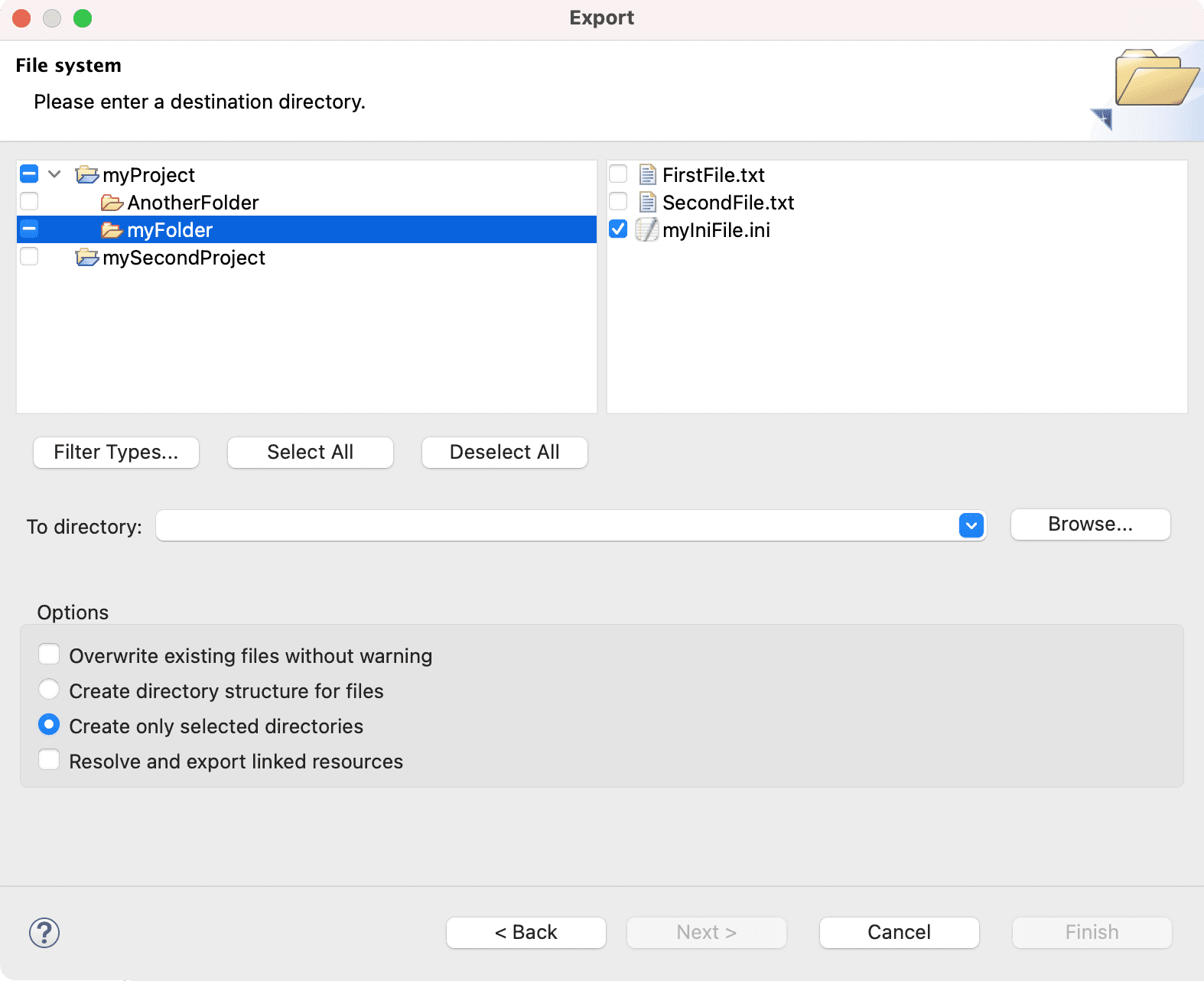 Export Wizard. Enter a destination directory.